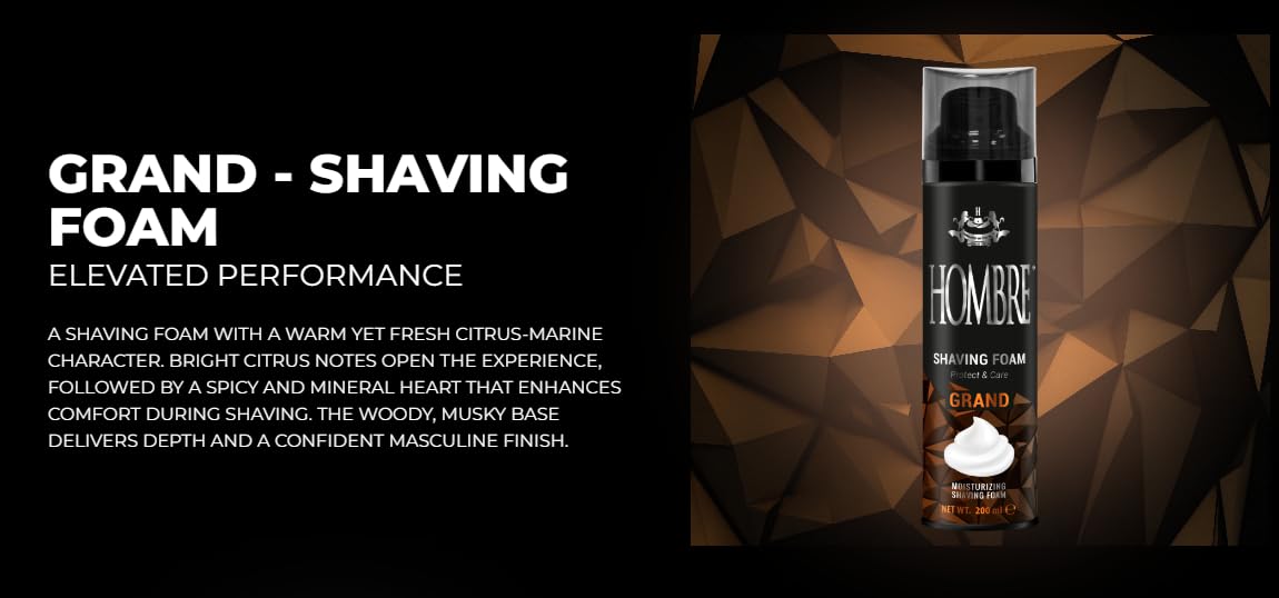 HOMBRE Grand Shave Foam for Men | Citrus Marine Woody Scent | Smooth Glide & Comfort | Aluminum-Free Formula 200 ml (Pack of 1)