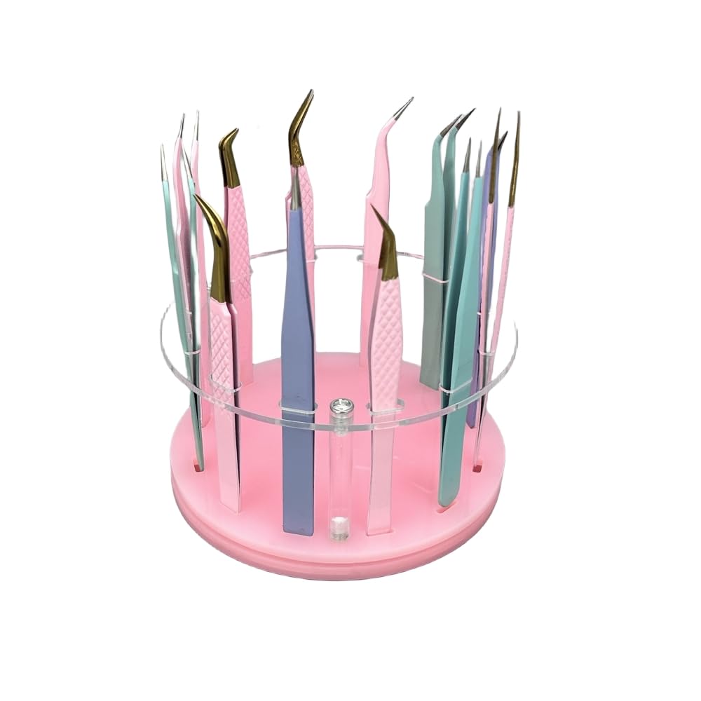 12 Holes Rotatable Acrylic Tweezers Holder, Grafting Eyelash Makeup Tweezer Stand Display Extensions Organizer Individual Training Tools (Pink)