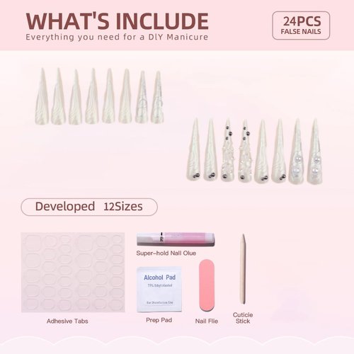 Extra Long Press on Nails Stiletto Fake Nails Long False Nails Almond Shape Glue on Nails with 3D Swirl and Butterfly Designs Acrylic Nails Stick on Nails for Women and Girls 24 Pcs