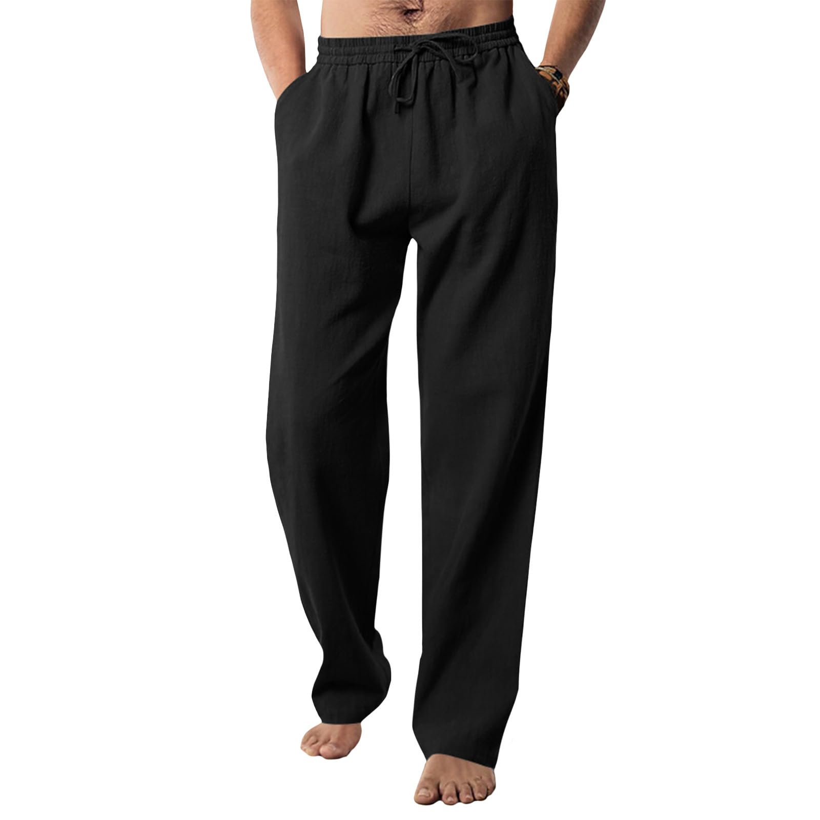 Zaswen Mens Causal Loose Fit Solid Color Elastic Waist Drawstring Pants 2025 New Linen Lightweight Yoga Beach Jogger Pants Black XL