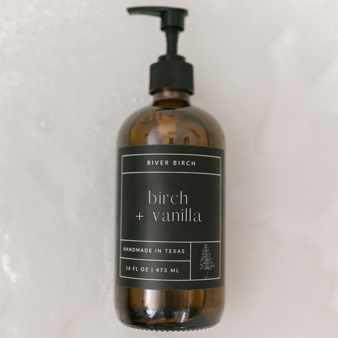 River Birch Birch + Vanilla Scented Natural Hand Soap - Handmade Soap - Moisturizing Hand Wash with Amber Glass Dispenser - Luxury Scented Hydrating Hand Soap - Vegan and Non-Toxic -16 Fl Oz