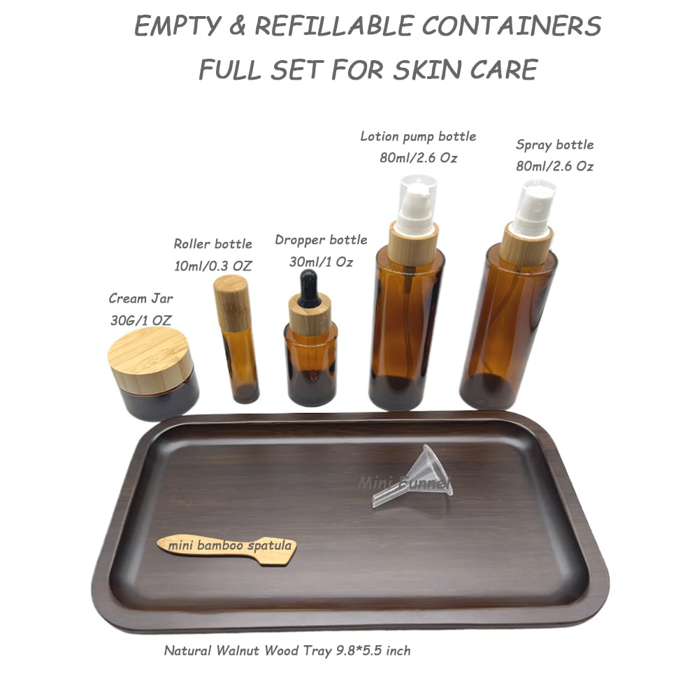 BEECO GIF2U Empty Refillable Brown Glass Cosmetic Containers with Bamboo Cover - 5 Pack, Spray Bottle, Lotion Pump, Dropper, Roller Bottle, Cream Jar - Tray Included