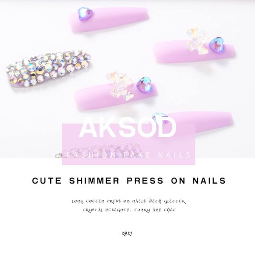 Aksod Glossy Purple Press on Nails Long Coffin Fake Nails Glitter Crystal Rhinestone Ballerina False Nails Full Cover Acrylic Nails Sets for Women and Girls 24Pcs (C)