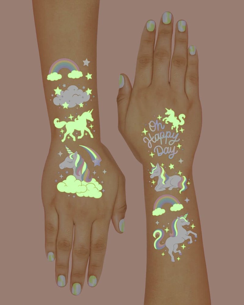 xo, Fetti Rainbow Unicorn Party Favors - Temporary Tattoos - 46 Glow In The Dark Styles | Birthday Party Supplies, Unicorn Favors Decorations, Toys + Halloween Costume