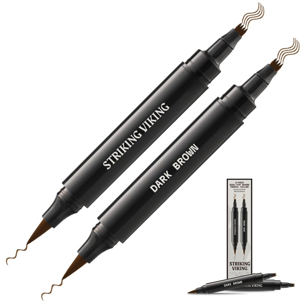 Striking Viking Beard Pencil Filler For Men - Dark Brown, 2 Pens Pack - Temporary Beard Dye - Waterproof Sweatproof Beard Filler for Men for Touchups & Gap Contouring - Enhances Facial Hair