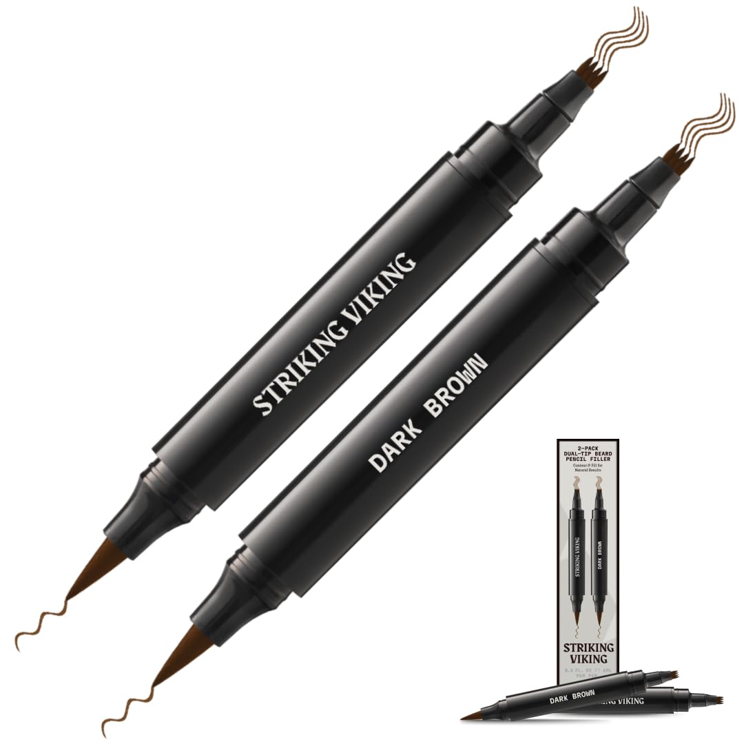 Striking Viking Beard Pencil Filler For Men - Dark Brown, 2 Pens Pack - Temporary Beard Dye - Waterproof Sweatproof Beard Filler for Men for Touchups & Gap Contouring - Enhances Facial Hair