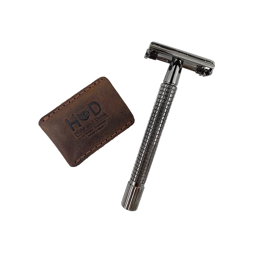Hide & Drink, Leather Double Edge Safety Razor Head Protective Sheath, Shaving Travel Cover Handmade (Black Cat)