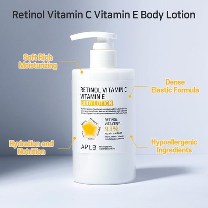 APLB Retinol Body Lotion - Vitamin C & E | 9.3% Formula for Long-Lasting Hydration & Wrinkle Care - 10.14 FL.OZ