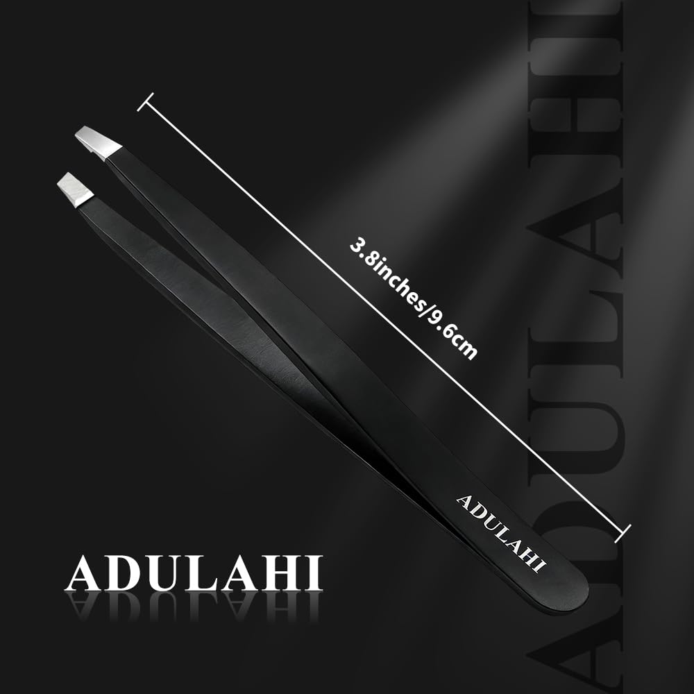 ADULAHI Professional Slant Tweezers for Eyebrows & Facial Hair - Precise Aligned Carbon Stainless Steel Remover with Storage Case(Black)
