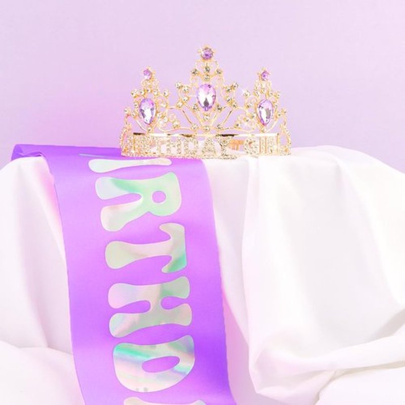 AHONEY Birthday Girl Crown and Sash for Girls Women Pastel Rainbow Party Headband Princess Tiara Purple Birthday Decorations Accessories