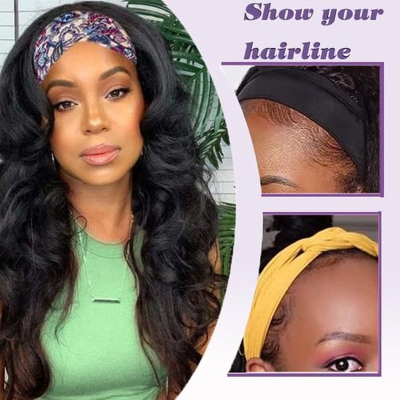 Prisyfab Body Wave Headband Wig Headband Wigs for Black Women Human Hair Glueless Wear and Go Glueless 100% Brazilian Virgin Human Hair Headband Wig 150% Density (18inch)