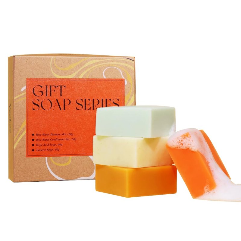 Yeokoe Turmeric Soap Bar & Rice Water Shampoo Conditioner Set - Deep Cleansing, Spa Gift for Women