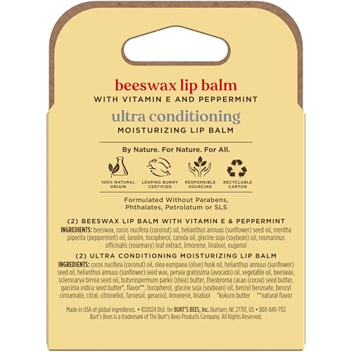 Burt's Bees Lip Balm Beeswax and Ultra Conditioning Lip Balm Pack, Hydrating Lip Moisturizer with Kokum and Shea Butter, Natural Origin Lip Care, 4 Tubes, 0.15oz.
