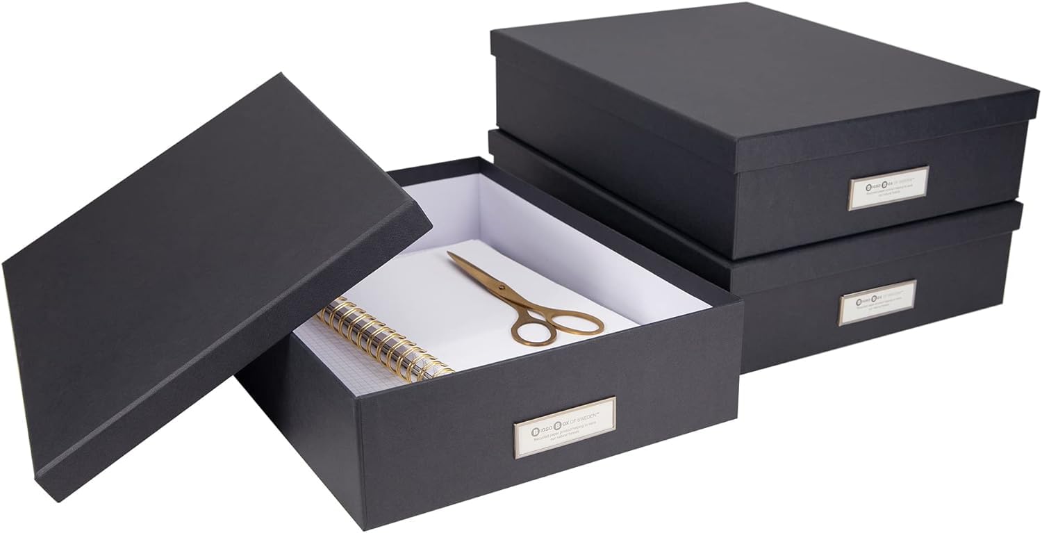 Bigso Oskar Fiberboard Label Frame Document Letter Box - File Organizer Box for Important Paperwork - Document Storage with a Lid & Label Window - 3.3 in x 10.2 in x 13.8 in - 3 Pack - Dark Grey
