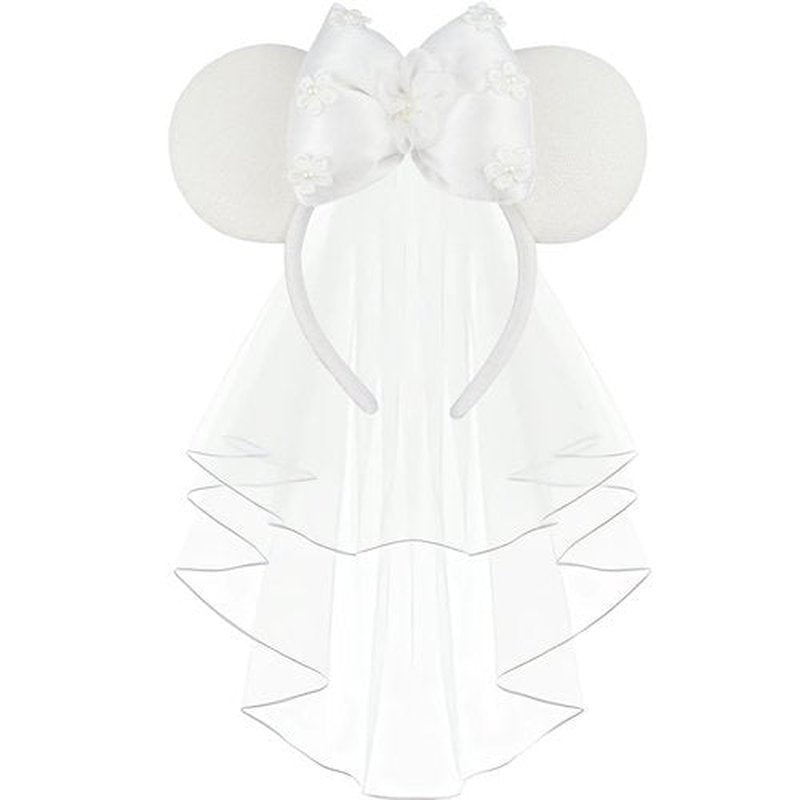 LIHELEI Bridal Veil Mouse Ear Headband, Minnie Headband for Honeymoon Wedding, Bachelorette Party Headpiece for Women Girls-White