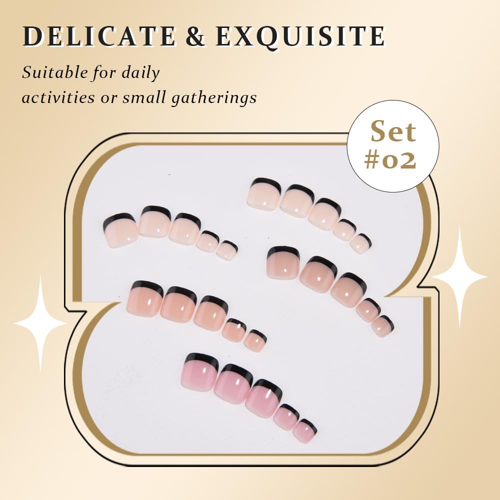 XZMeiLun Black French Tips Press on Toenails Short Square, Real Acrylic Designs Toe Nails Press Ons Set, Artificial False Toenails for Women with Glue/Sticker On Toenails, Fake Toes nail Kit 150Pcs