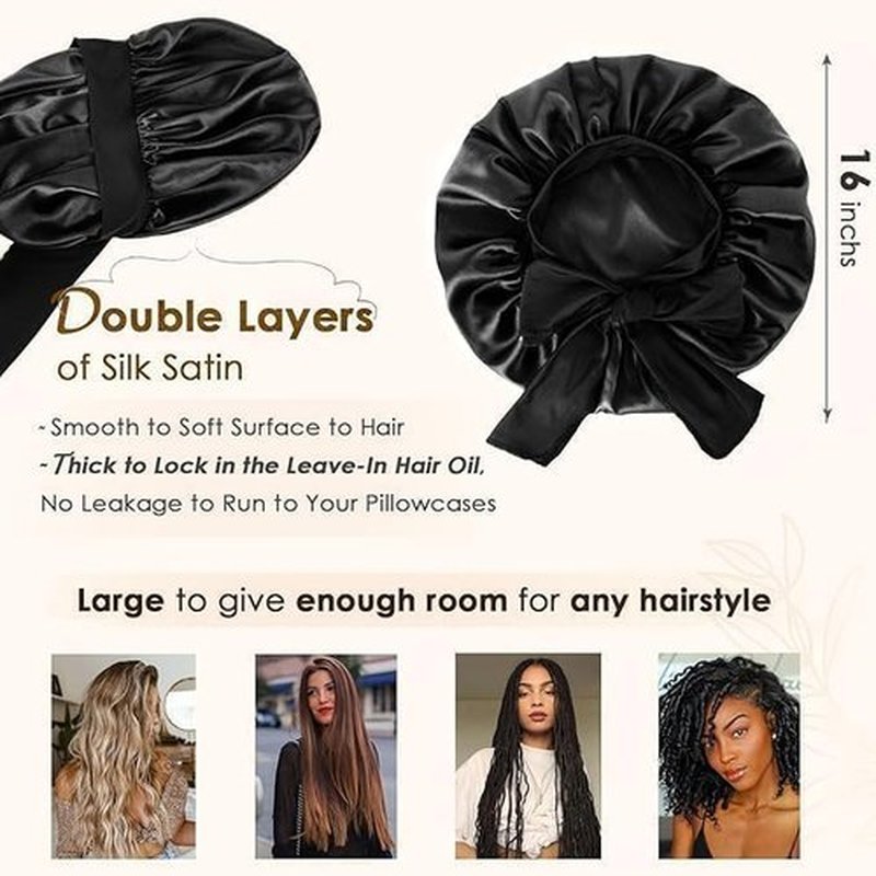 Signature 8 Silk Bonnet for Sleeping Women Adjustable Double Layer Satin Bonnet Reduce Friction Prevent Frizz Natural Curly Hair, COLOR BLACK