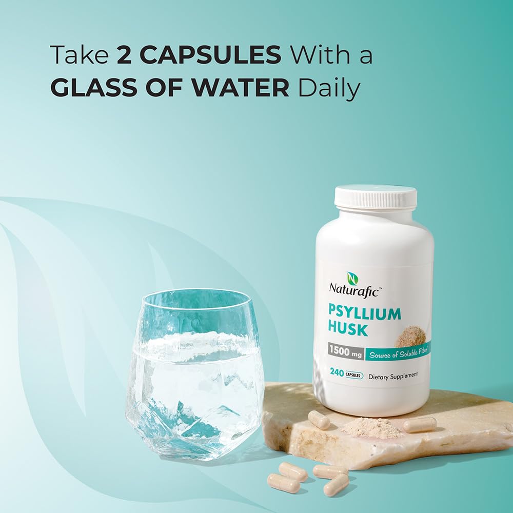 Psyllium Husk Capsules 1500mg – 100% Natural Fiber Supplement for Digestive Health & Regularity – Supports Gut Health & Weight Management – Non-GMO – 240 Capsules