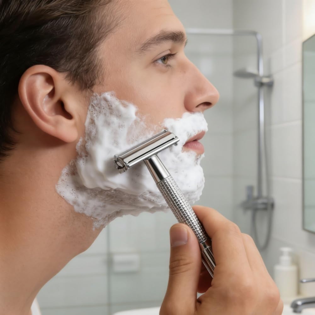 KALLORY Manual Safety Razor Double Edge Butterfly Open Shaving Cutter with Replaceable Blades Stainless Steel Old Style Beard Shaver for Men Facial Hair Removal