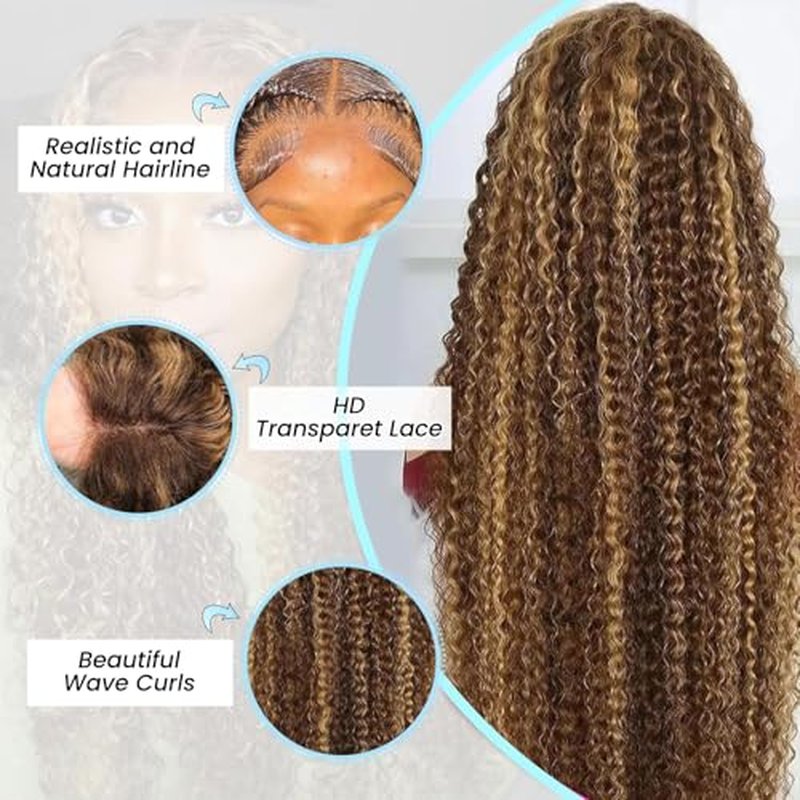 Harmsh 30inch Highlight Ombre Lace Front Wig Human Hair Deep Wave 13x6 HD Honey Blonde Lace Frontal Wigs P4/27 Curly Human Hair Wig Glueless Wigs Human Hair