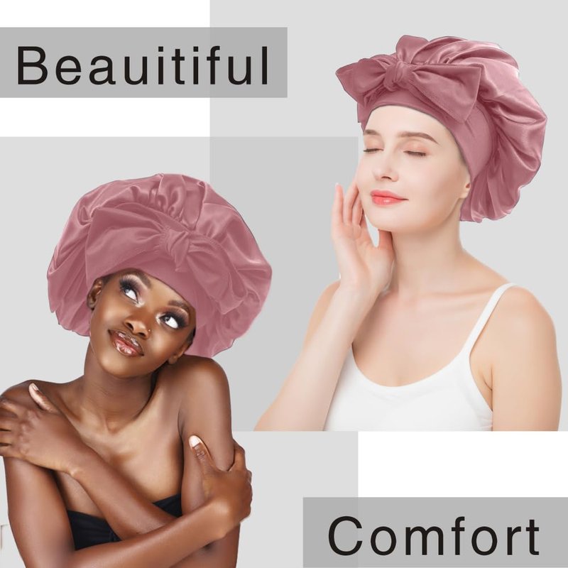 VECIIR Silk Bonnet for Sleeping Women，hair bonnet for sleeping Silk Night Cap for Curly/Natural Hair Skin pink,Large