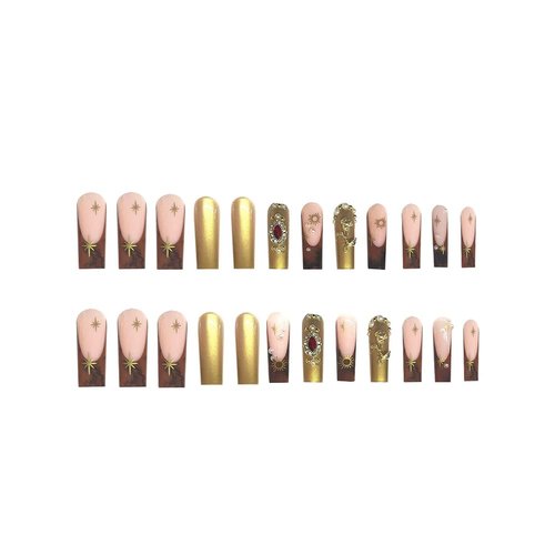 Long Press on Nails Square Fake Nails Gold French Tip False Nails with 3D Flower Charm Designs Sparkly Cute Rhinestones Artificial Nails for Women 24Pcs