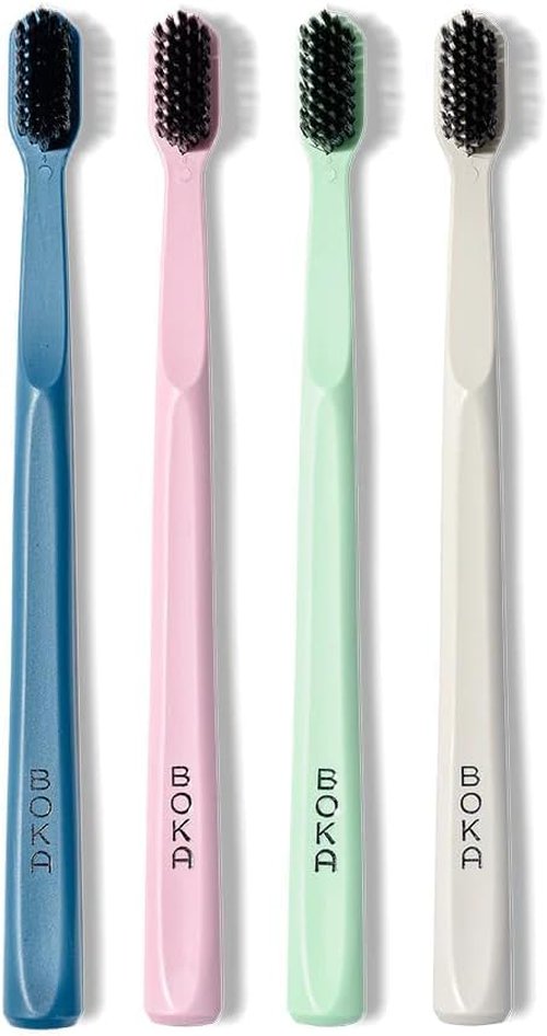 Boka Classic Manual Toothbrush - Extra Soft Activated Charcoal Bristles | Bioplastic Handle with Travel Cap (Pack of 4)