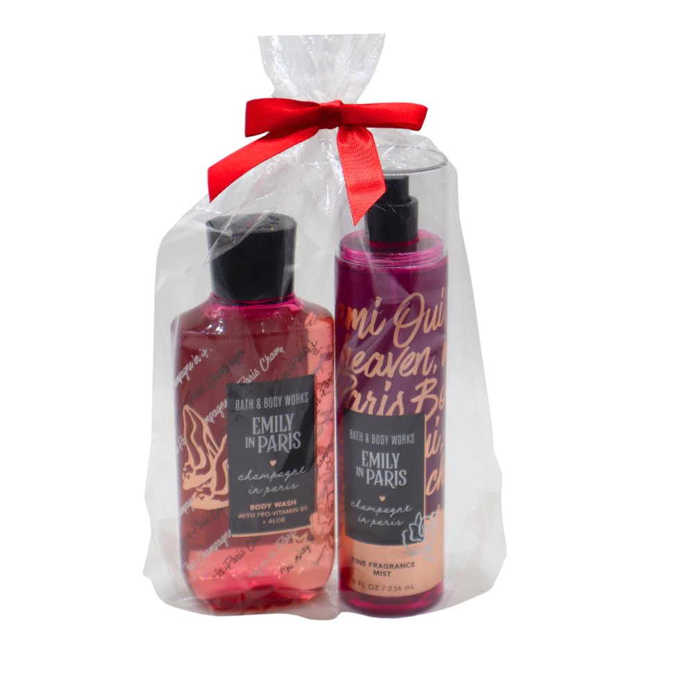 Bath & Body Works Emily in Paris CHAMPAGNE IN PARIS Fine Fragrance Mist & Body Wash 2pc Gift Set with a red bow for Holidays - Full Size