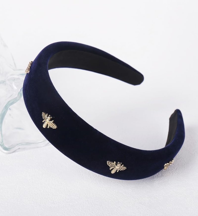 YARN & INK Women's Honeybee Cute Velvet Headbands, Fashion Padded Hair Accessories Vintage Headband Christmas Gift for Women Girls (Dark Blue Bee)