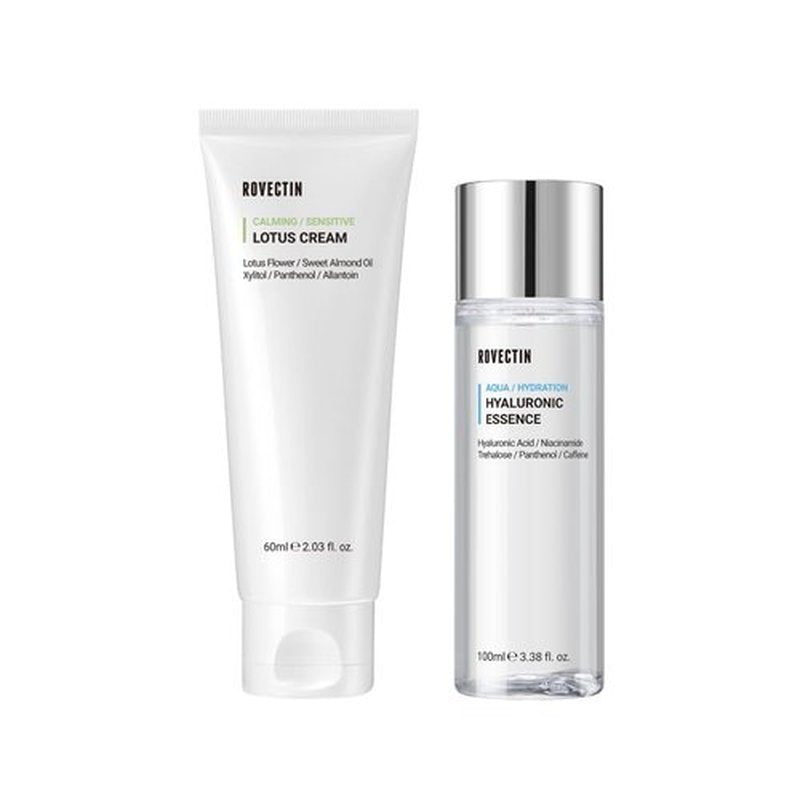 ROVECTIN 2-Step Hydrating & Calming Set – Aqua Hyaluronic Essence & Calming Lotus Cream with Niacinamide, Deep Moisturizing, Plumping, and Soothing Daily Routine, Vegan Korean Skincare Set