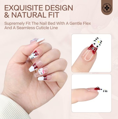 Ricefod Press on Nails Handmade Reusable Fake Nails with Cartoon Cat Design Press on False Nails French Tip Coffin Nails 10 Pcs Luxury Nails, Size:Large