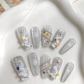 Coffin Shaped Cat Eye Press on Nails - Cateye Saint Christmas White Tree | Ballerina Artificial False Nails, Glossy White Fake Nails with 3D Pearls & Snow, Salon Quality Reusable Nails Kit (Size M)