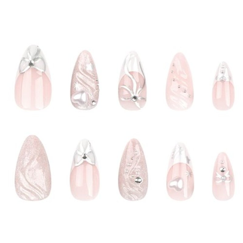 Hkanlre Cute Press on Nails Silver Fake Medium Nails Tips Full Cover Almond French False Nails for Women and Girls 24PCS