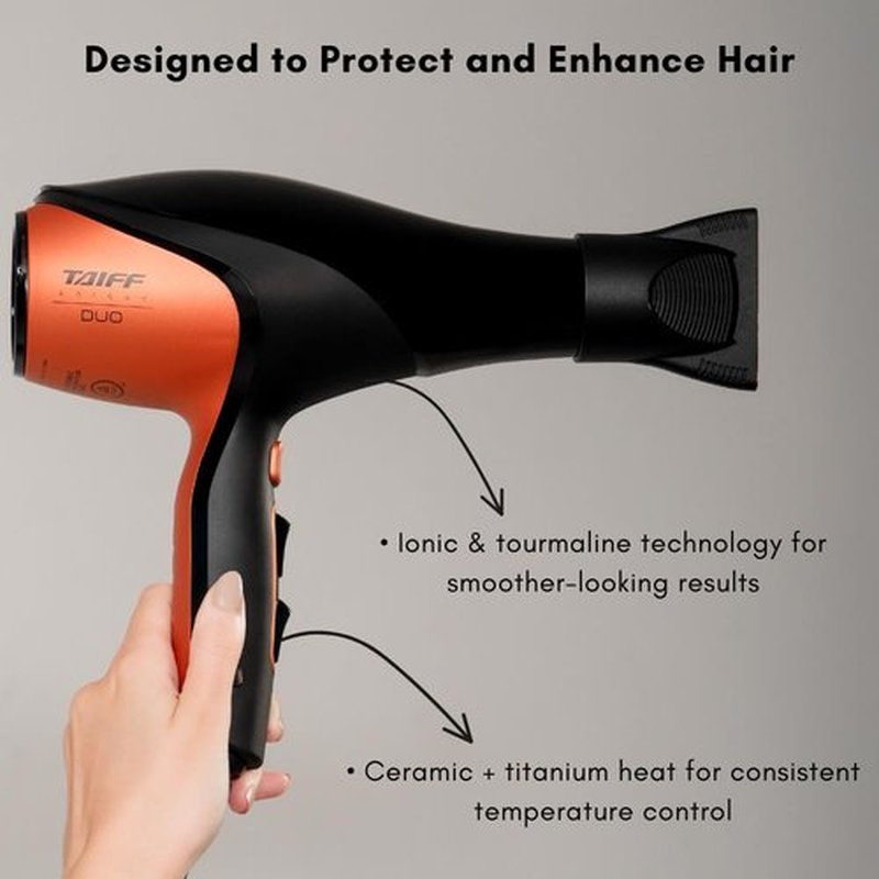Taiff Unique Duo Professional Hair Dryer – 127V | 1875W Power | AC Motor | Tourmaline + Ionic & Ceramic Technology | Titanium Elements | 2 Concentrator Nozzles (Orange)
