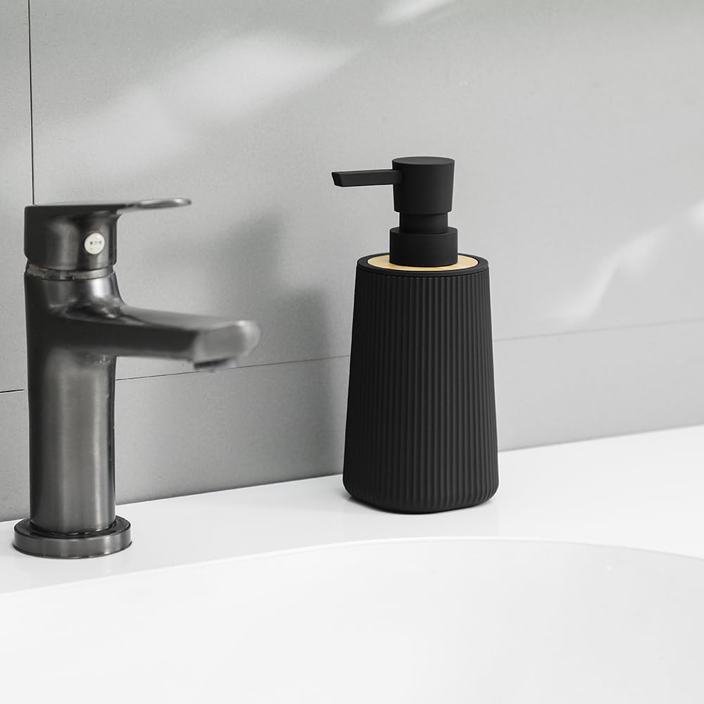 Small Soap Dispenser for Bathroom and Kitchen, Modern Farmhouse Striped Style Plastic Hand Soap Dish Soap Dispenser with Bamboo Decor Black