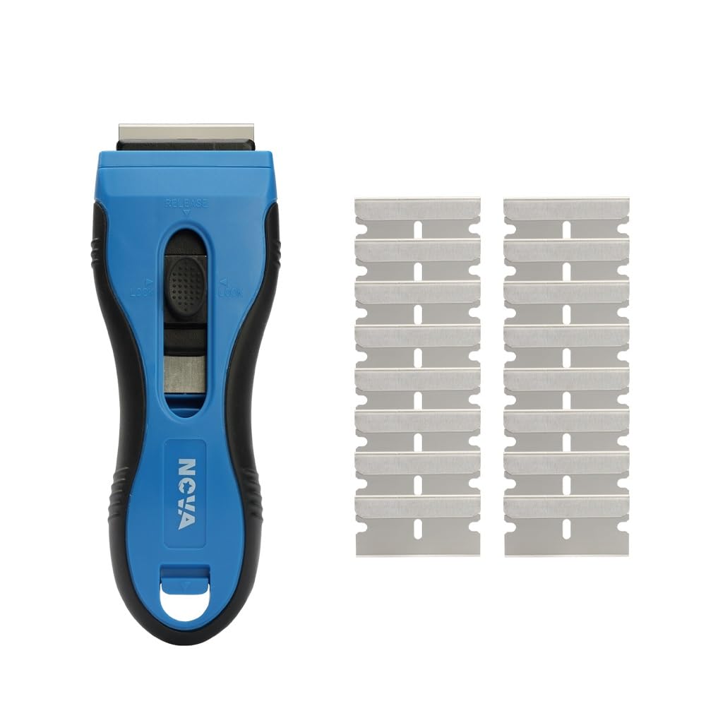 Nova Auto-load Razor Blade Scraper With 16 Extra Standard Razor Blades, Ergonomic Handle, Blades Storage, Cleaning Plastic Scraper Tool for Glass Stove Top, Paint, Window, Oven Door and Cooktop