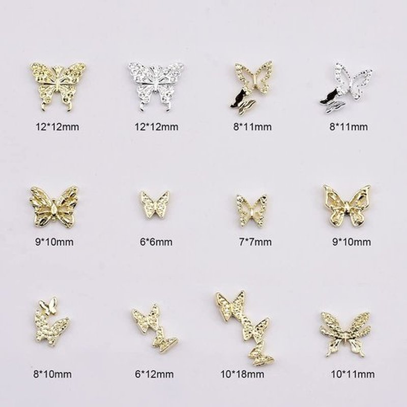 60pcs Metal Alloy Gold Silver 3D Butterfly Nail Charms Mix Big Small Designs for Women Nails Decoration Craft Jewelry DIY Bulk Supply