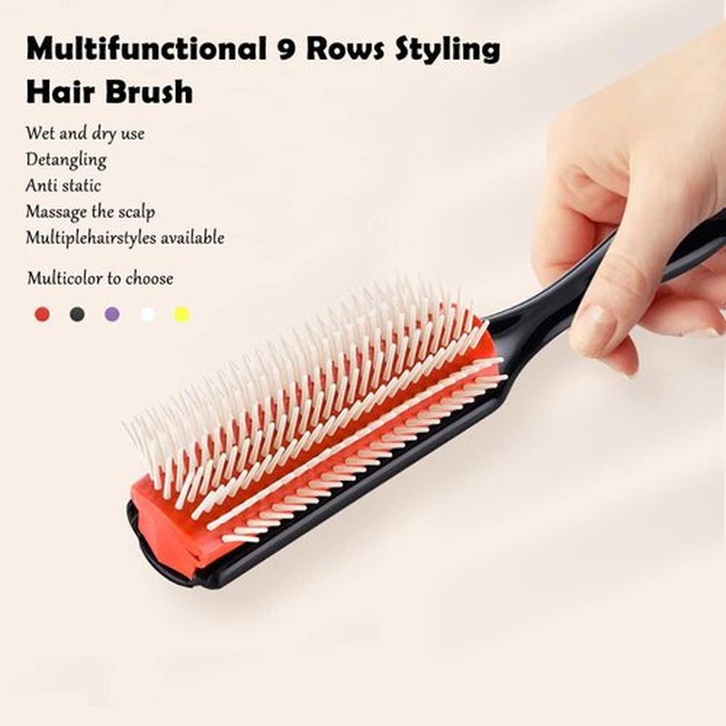 NuAngela Hair Brush - 9 Rows for Easy Cleaning, Styling & Detangling | Perfect for Curly Hair (Red)