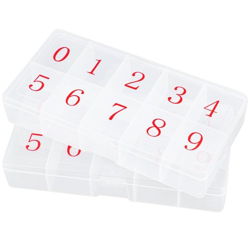 Cosics Acrylic Fake Nail Organizer Case, 2PCS 10-Compartment Nail Tip Storage Box with Number, 10 Space Rhinestone Nail Art Accessories Container, Clear Plastic Nail Box for Jewelry Charms Gem Vitamin