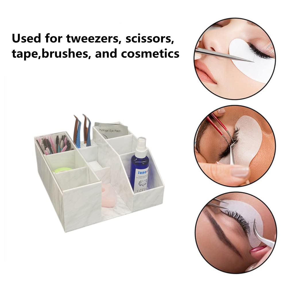 LIXIMMAZN Acrylic Large Capacity Makeup Organizer, Grafting Beauty Extension Supplies Lash Storage Display, Eyelash Storage Case Brush Tweezers Cosmetic Holder (White Marble)