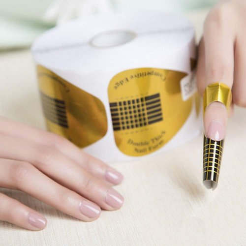 Nail Forms 500 Pcs Roll Nails Extension for Acrylic Nails Self-adhesive Nail Tips Replacement for Polygel Nail Guide, Nail Stickers Molds Builder Learning Curve Art Equipment Salon, Gold Horseshoe