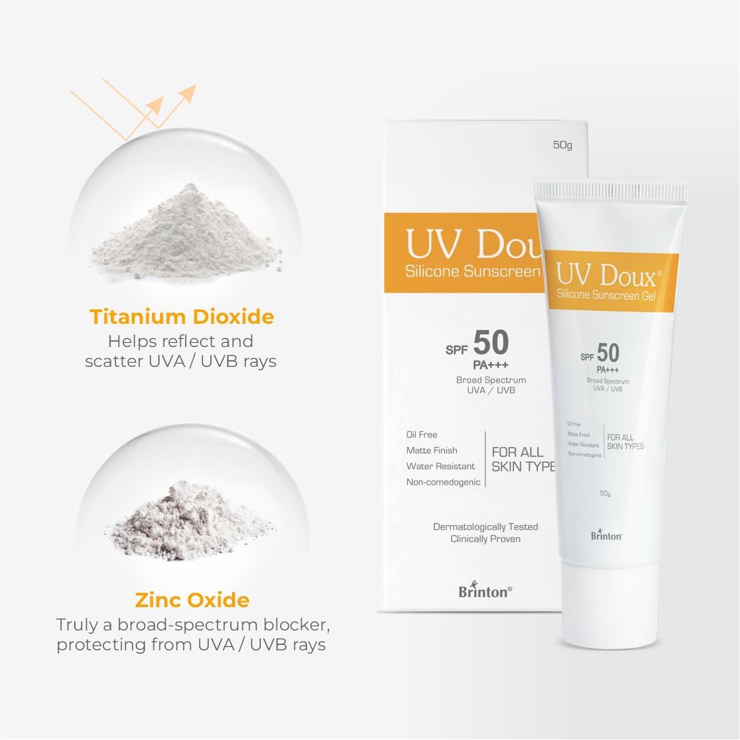UV-Doux's Sunscreen Gel SPF 50 PA+++, Broad Spectrum UVA UVB Protection, Non-Comedogenic, Water-Resistant, for Oily Acne Sensitive Skin, 50g