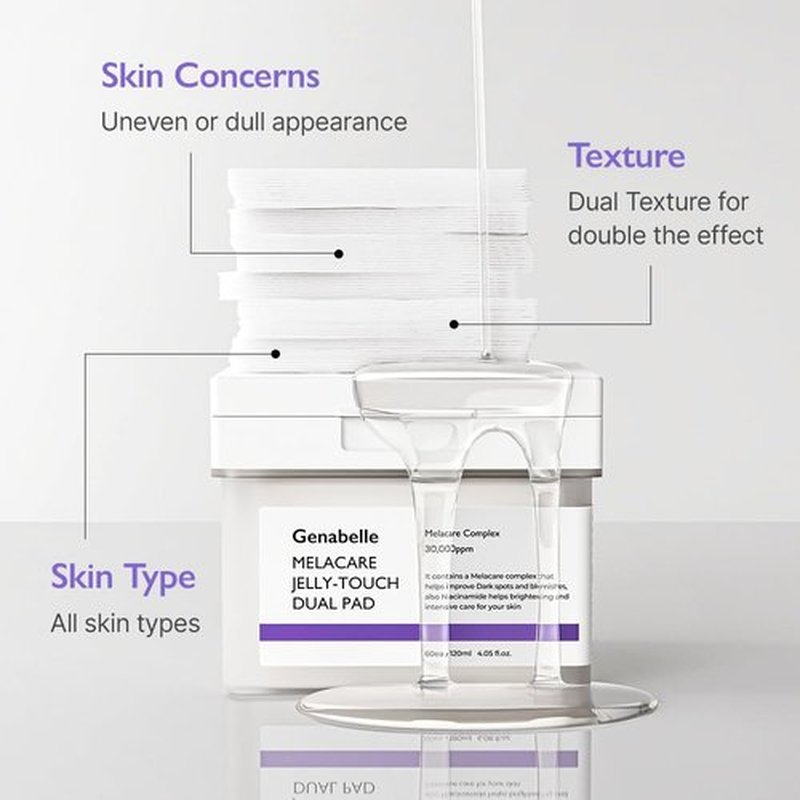 Genabelle Melacare Jelly Touch Dual Pad – Radiance-Boosting & Hydrating Toner Pads with Niacinamide & Tranexamic Acid – Targets Dark Spots and Hyperpigmentation – 4.05 fl oz