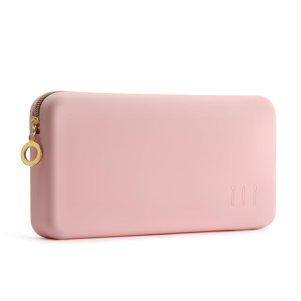 FVION Zipper Makeup Brushes Bag For Travel, Large Silicone Makeup Brush Holder, Make Up Brushes Pouch Case for Makeup Tools - Pink