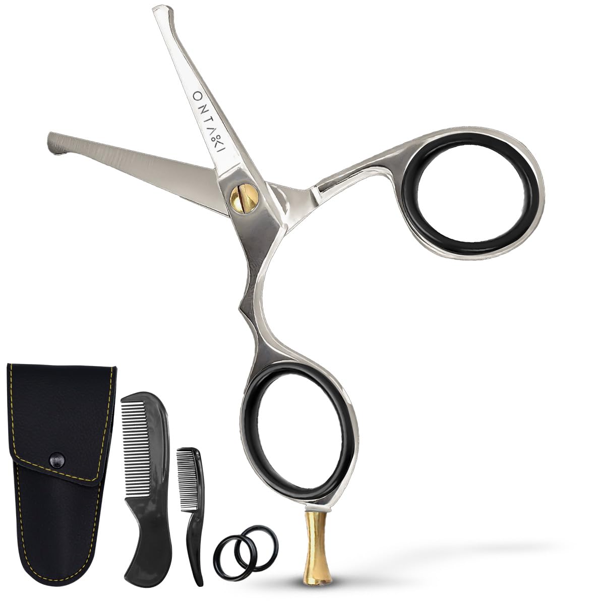 Ontaki Beard and Mustache Scissors For Men - 4.2-inch, Silver, 420C Japanese Steel, Multipurpose Round Edges - Mens Grooming Scissors for Styled Look - Beard Trimming Kit for All Hair Types