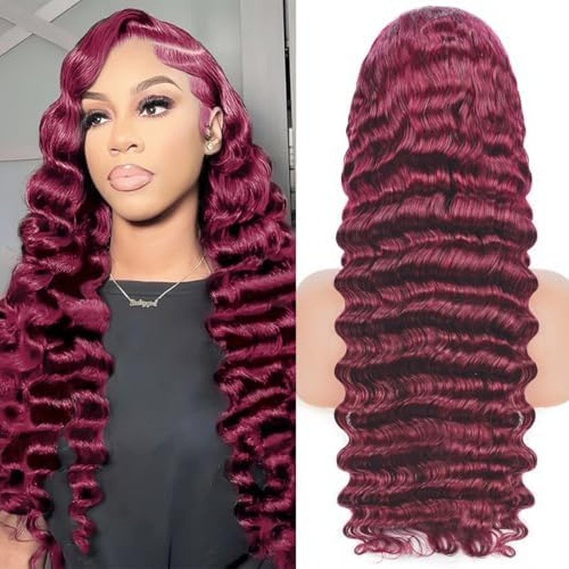 OLFORY Burgundy Wig Human Hair Wigs for Black Women13x4 Deep Wave Lace Front Wigs Pre Plucked 200% Density 99j Loose Deep Wave Wigs Red Wine Virgin Glueless Wig 30Inch