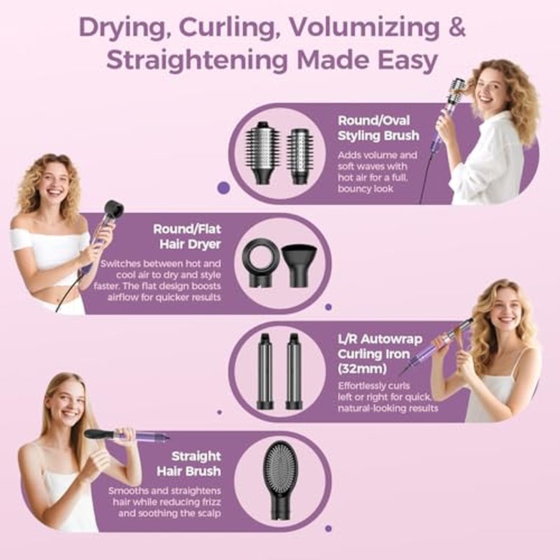 Vincofy 7-in-1 Hair Dryer Brush and 1500W Hair Styler Set – Fast Drying, Curling, Straightening & Volumizing – Hot Air Styling Tool with No Heat Damage – for All Hair Types – Purple
