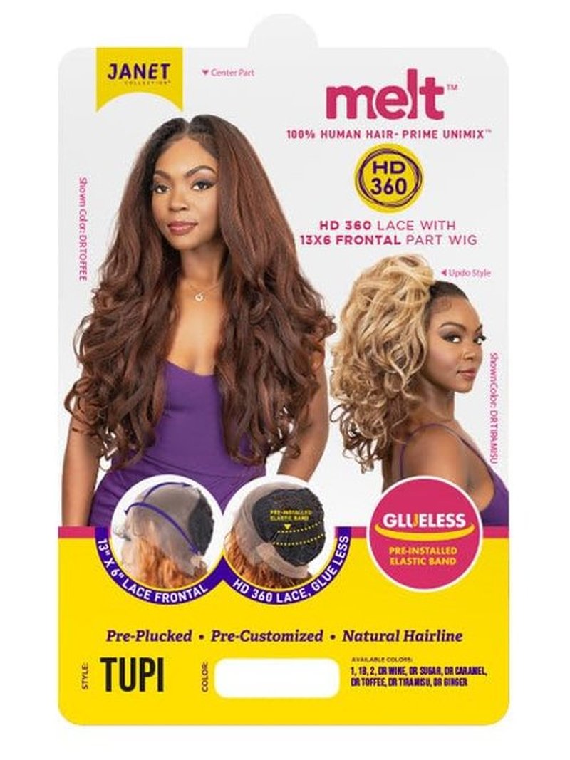 Janet Collection melt HD 360 HUMAN HAIR BLEND PRIME UNIMIX Hand-Tied 13X6 Frontal Baby Hair Transparent Lace GLUELESS TUPI WIG With SOFT YAKY TEXTURE. (COLOR #DR GINGER)