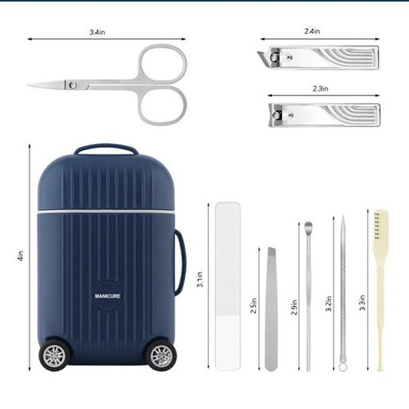 Manicure Set 8 in 1 Stainless Steel, Nail Clippers Scissors Pedicure Tools Kit - Portable Travel Grooming Kit for Men and Women with Mini travel box packaging (BLUE)