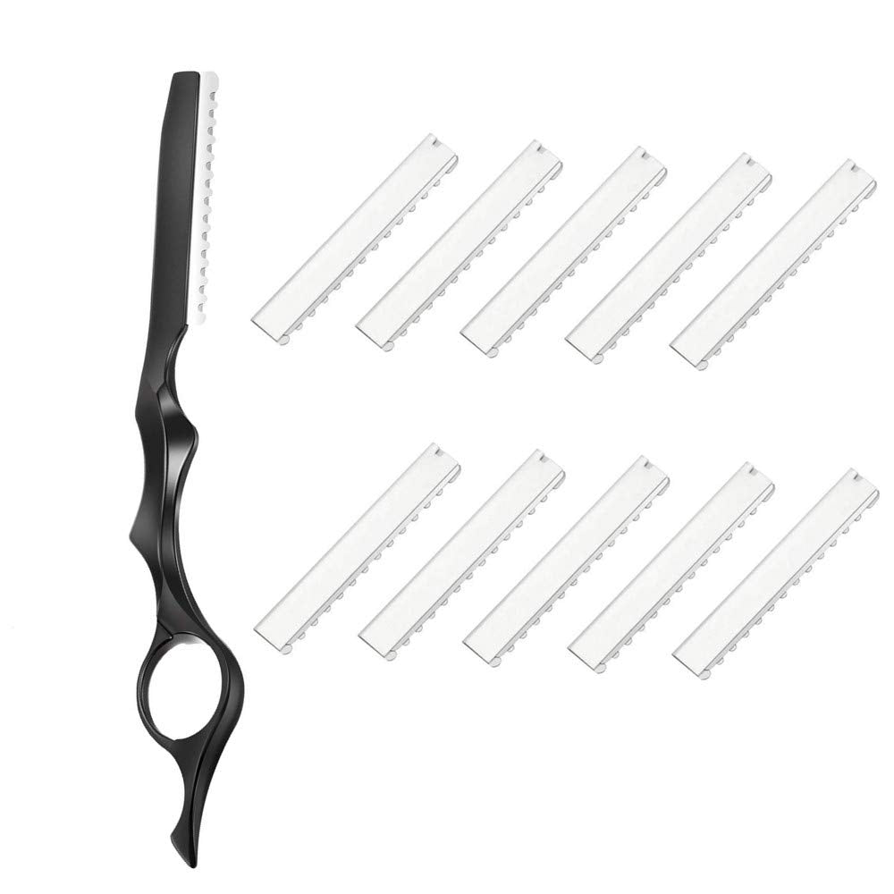 11Pcs Hair Styling Thinning Razor Set - 1 Razor, Thinning Comb, Texturizing Cutting Razor and 10 Replacement Stainless Steel Blades for Salon & Home Use (Black)